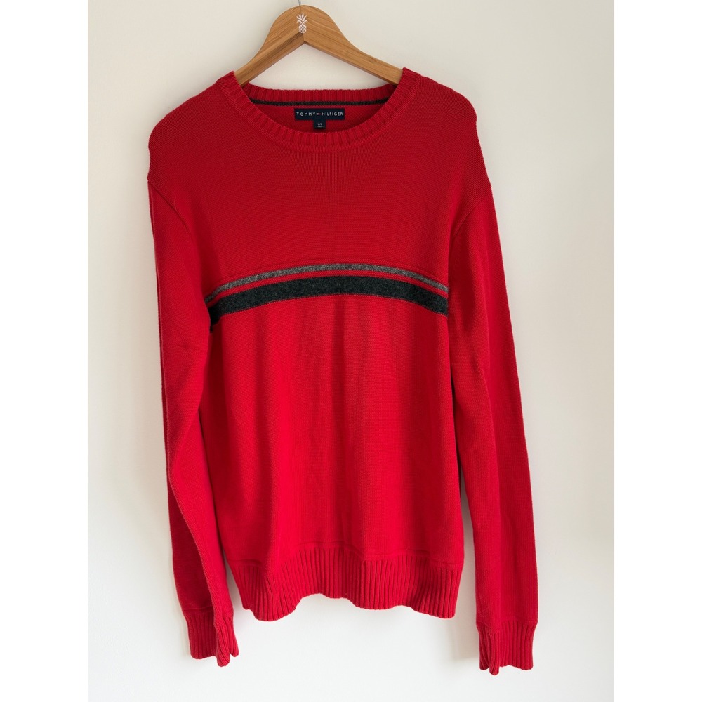 Tommy Hilfiger Mens Striped Chest Crewneck Sweater L Red Preppy Minimalist Y2K